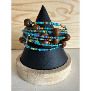 Multi-Color Beaded Coil Wrap Bracelet With Wood Accents Vibrant Bohemian Style
